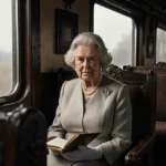 Queen Camilla sits in a vintage train carriage holding a leather book with a note with misty English countryside behind her