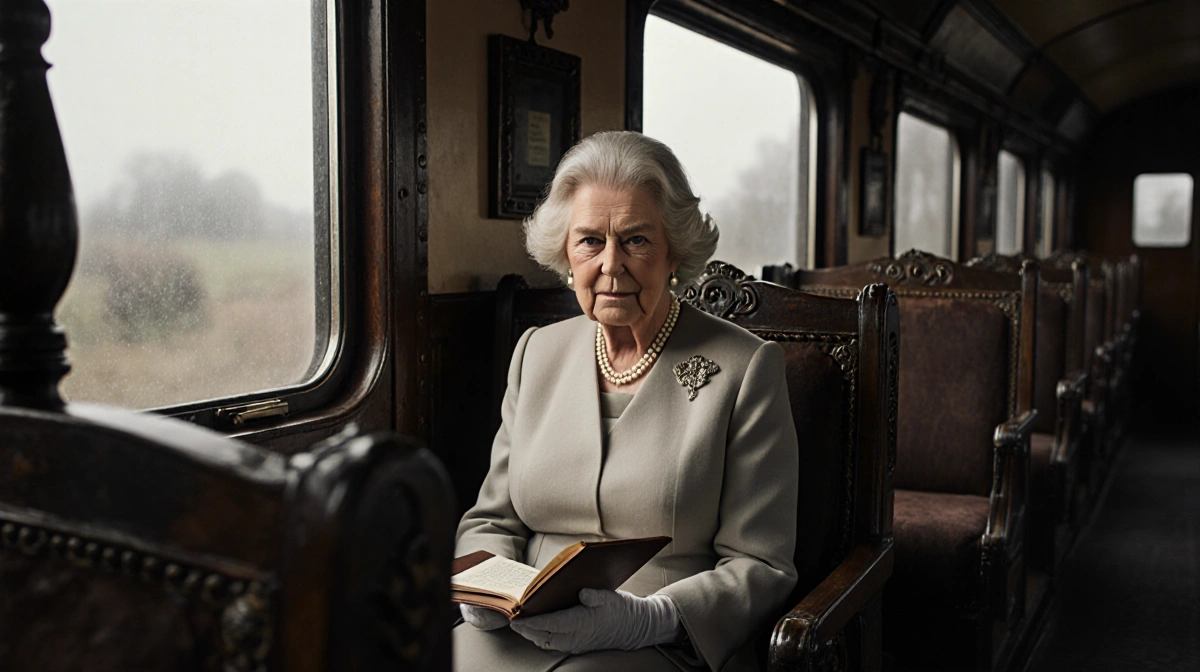 Queen Camilla sits in a vintage train carriage holding a leather book with a note with misty English countryside behind her