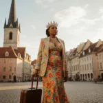 Queen Latifah standing at village square with suitcase and determined look near historic church steeple and colorful building