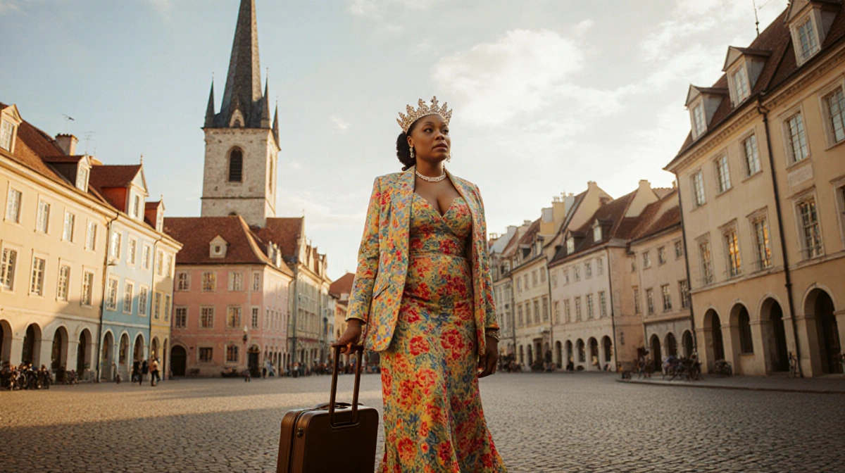 Queen Latifah standing at village square with suitcase and determined look near historic church steeple and colorful building