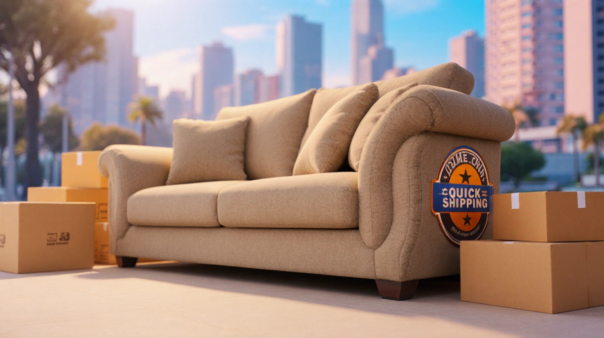 Cozy sofa with Quick-Ship badge and packing boxes showing free shipping value