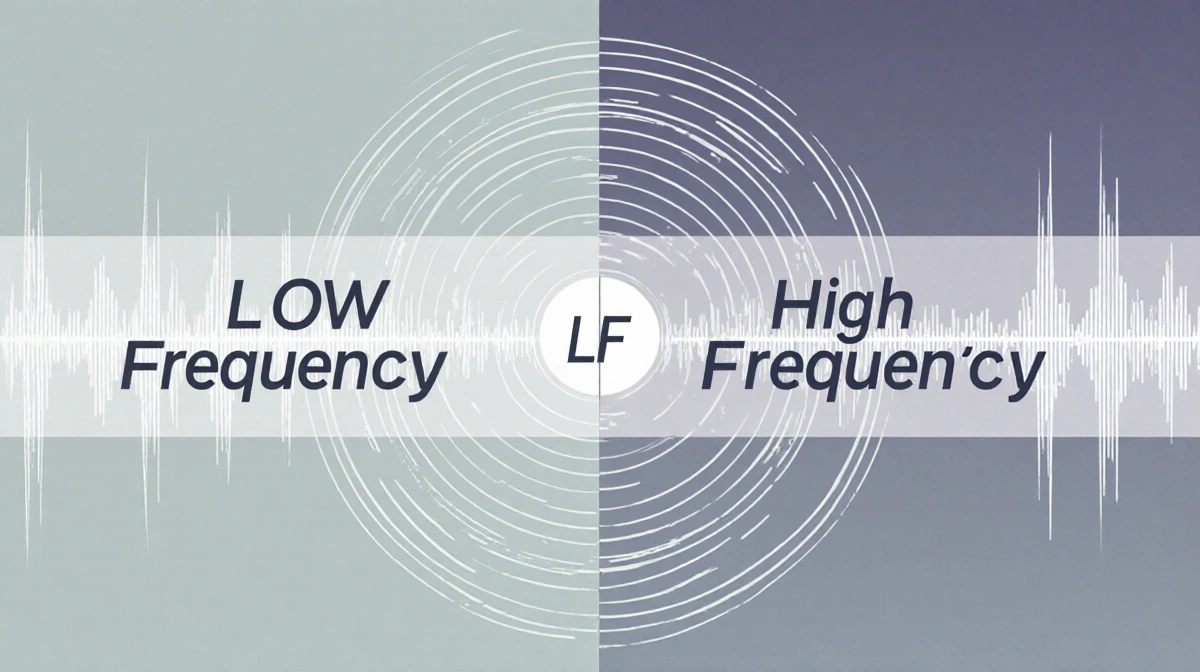 Split screen diagram showing low frequency and high frequency radio waves radiating from center with waveform patterns
