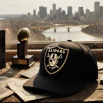 Vintage NFL draft hat sits on worn wooden table with Las Vegas Raiders logo and Pittsburgh skyline behind.