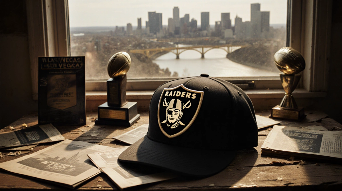 Vintage NFL draft hat sits on worn wooden table with Las Vegas Raiders logo and Pittsburgh skyline behind.