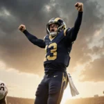 Rams player celebrating victory with arms raised and defeated Bears opponent slumped near golden hour stadium