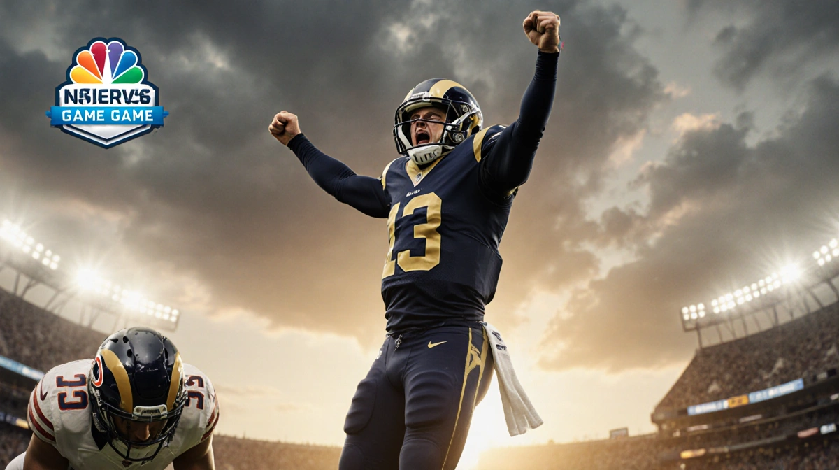 Rams player celebrating victory with arms raised and defeated Bears opponent slumped near golden hour stadium