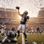 Rams kicker Harrison Mevis holds up the game ball with teammates celebrating and confetti falling over packed Memorial Colise