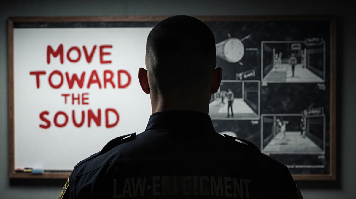 Law enforcement ranger stands before whiteboard with red Move Toward the Sound text and police training scenarios behind