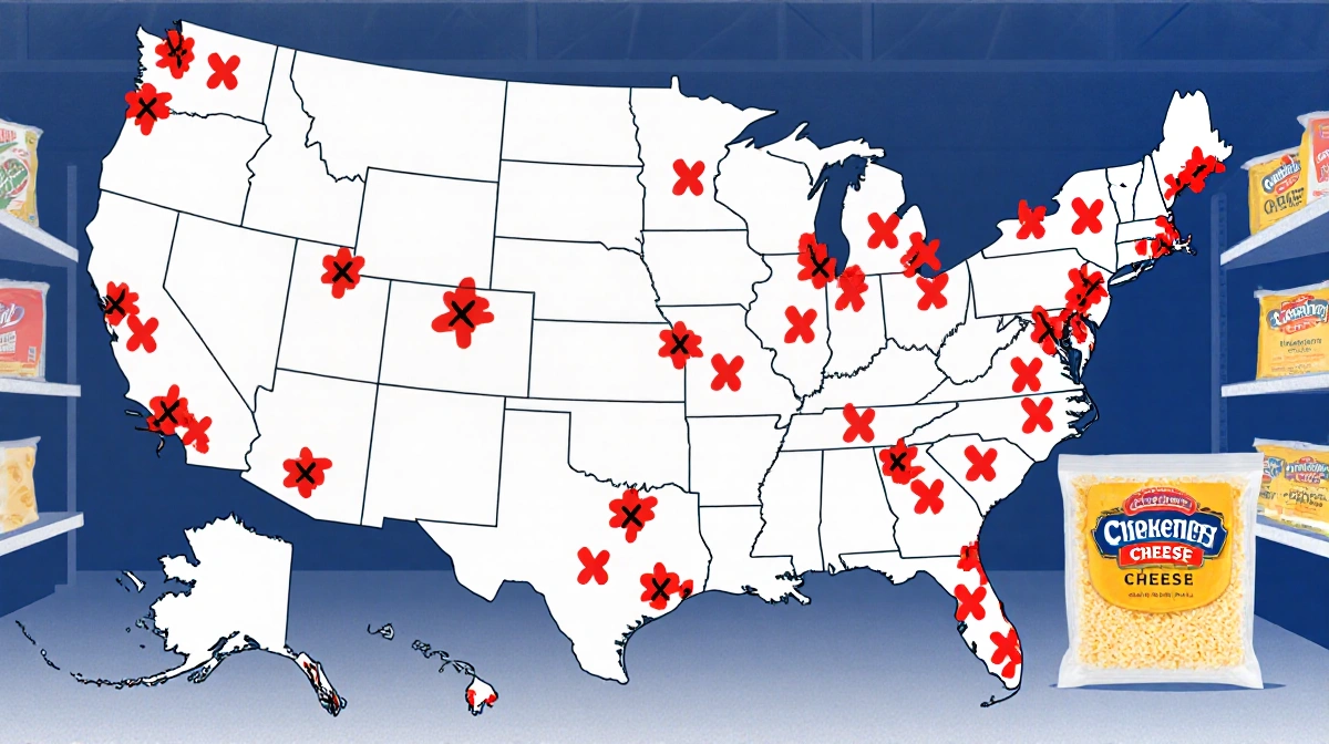 Map shows recalled cheese distribution with red X marks across 20 states and product labels on retail display