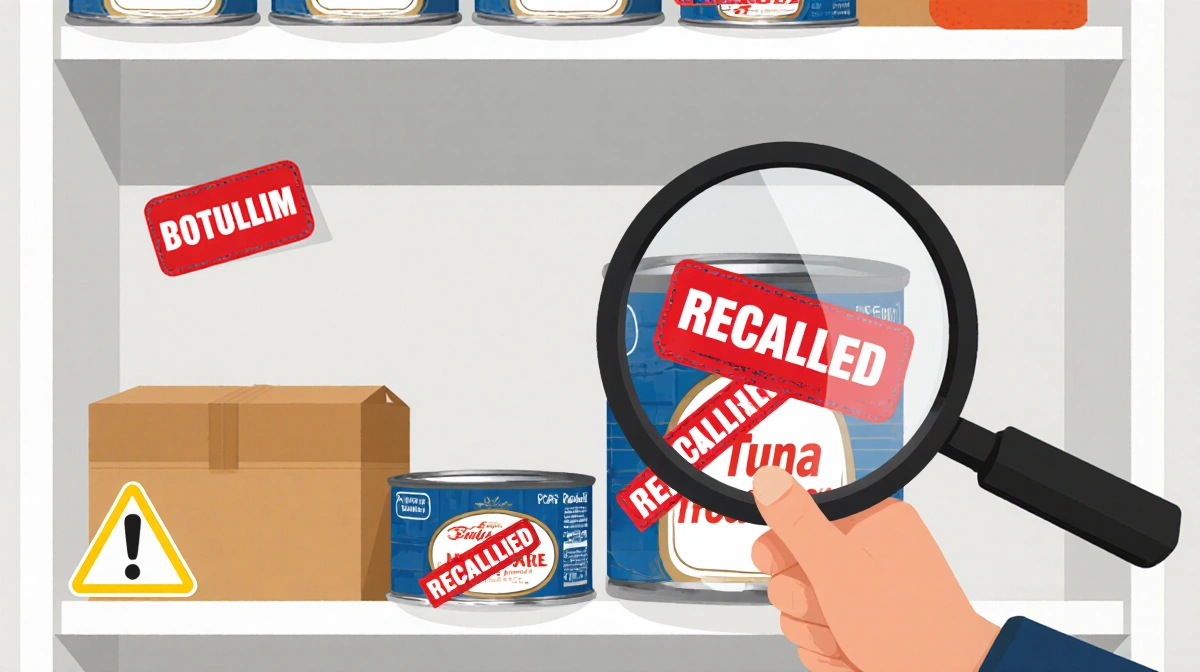 Person checking pantry shelves with recalled tuna cans and empty spaces showing food safety warning