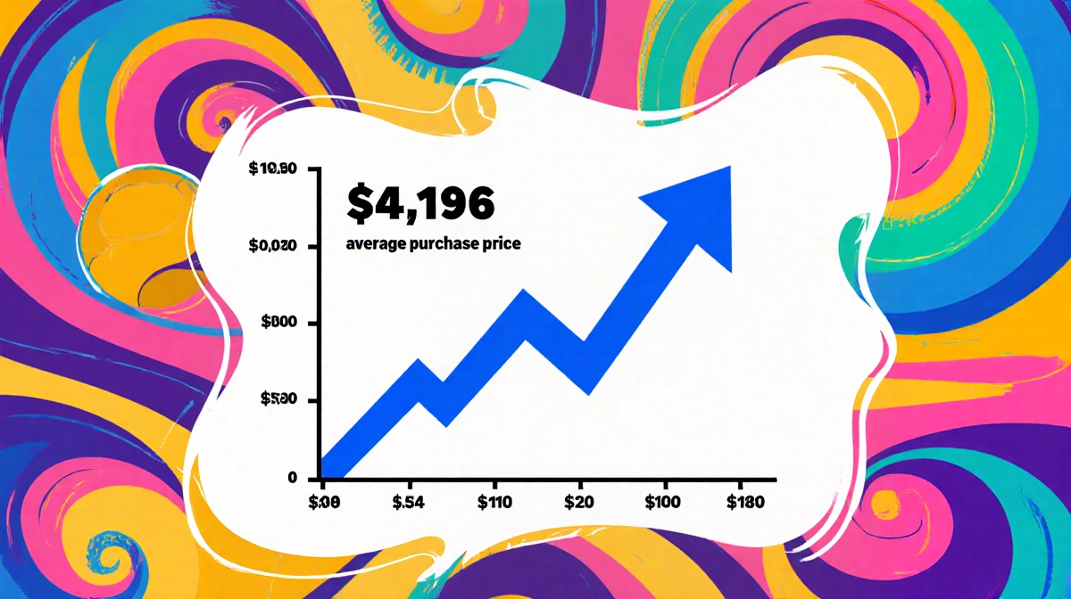 Graph showing sharp upward trend with bold blue line indicating $4196 average purchase price and colorful swirling patterns