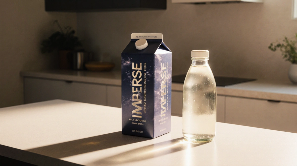 Beyond Immerse recyclable carton stands on kitchen counter with glass bottle of protein drink and golden light