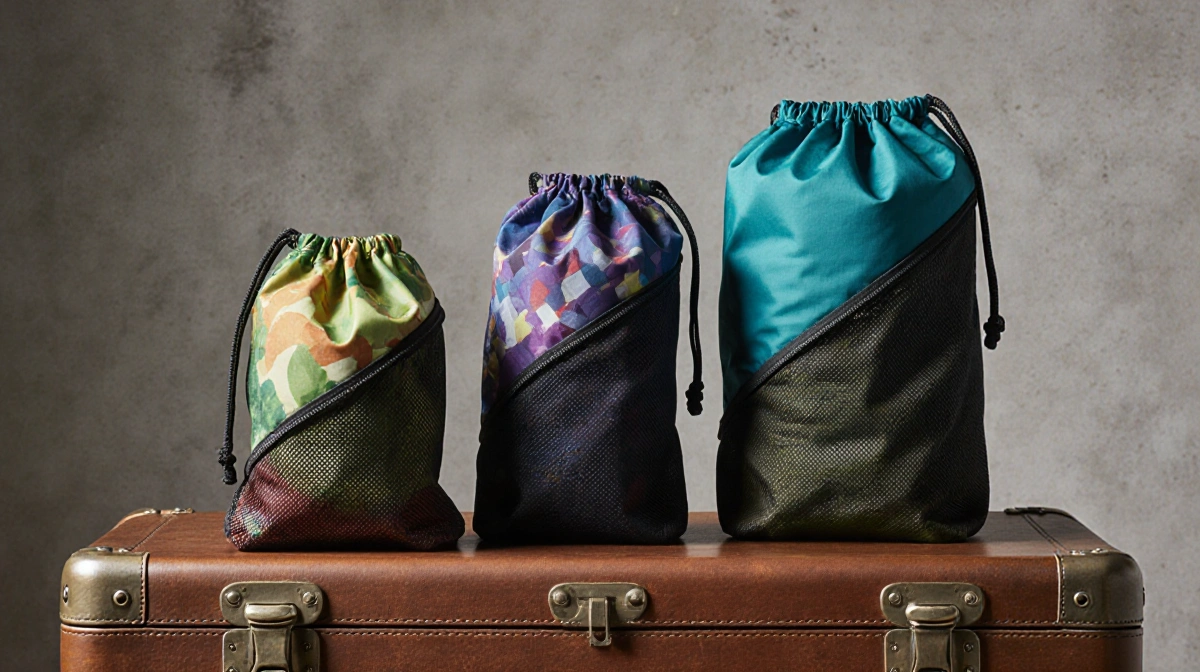Three colorful recycled nylon packing cubes arranged horizontally with mesh ventilation sides and cord pulls on wooden surfac