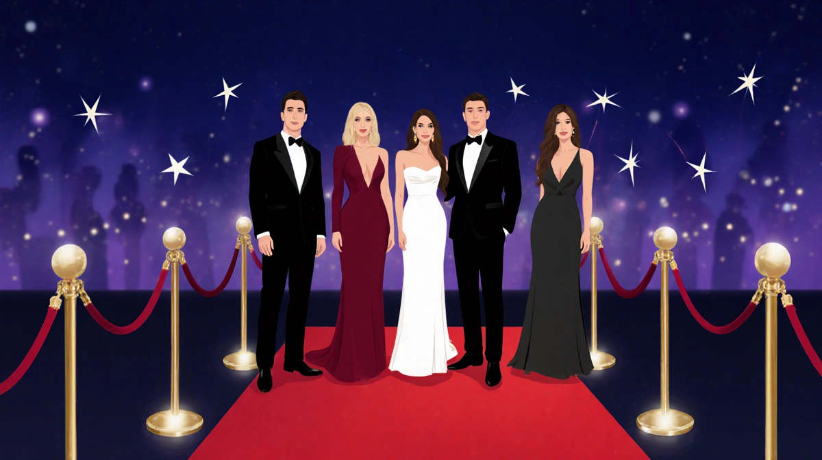 Four hosts posing on a red carpet with LED lights and glittering stars at a live evening event