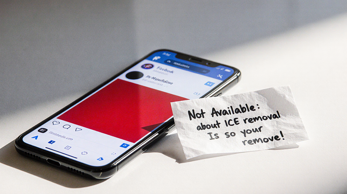 Folded note placed on blurred smartphone screen showing redacted social media feed with Not Available symbol