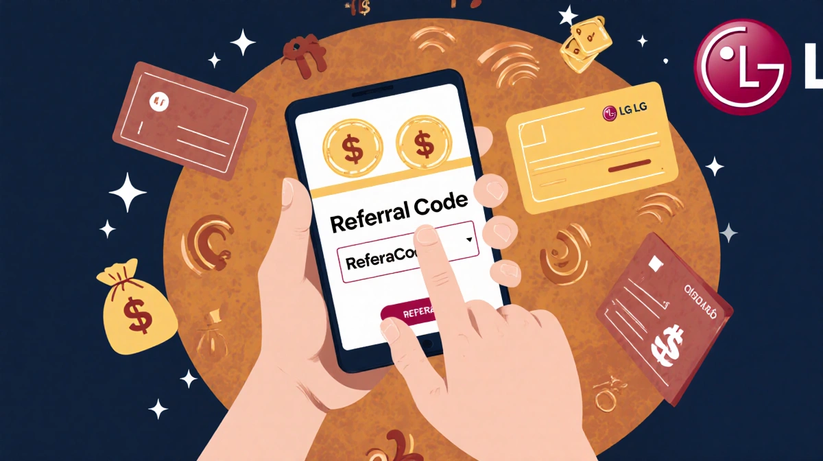 Person holds smartphone showing referral code with money bags and stars swirling around loyalty card background