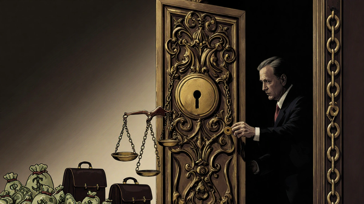 Ornate door with carved scales and chains locked with golden keyhole showing politician's shadow reaching for key