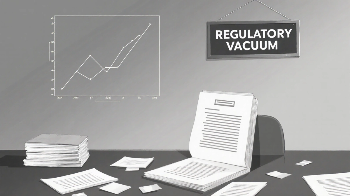 Empty regulatory office shows scattered papers with Regulatory Vacuum sign and open file highlighting prediction market insid