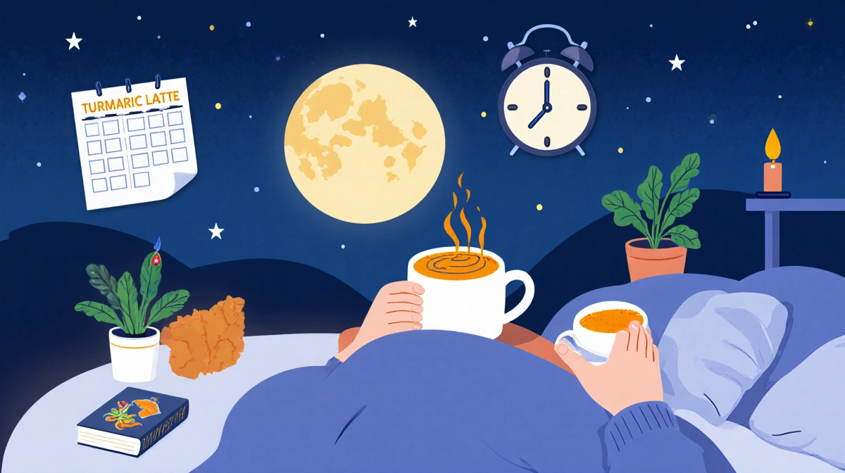 Person sipping warm turmeric latte with moonlit sky and potted plants for glow-up relaxation