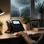 Person sitting at desk with landline phone and eco‑friendly plants near warm lighting stormy windows suggest reliability