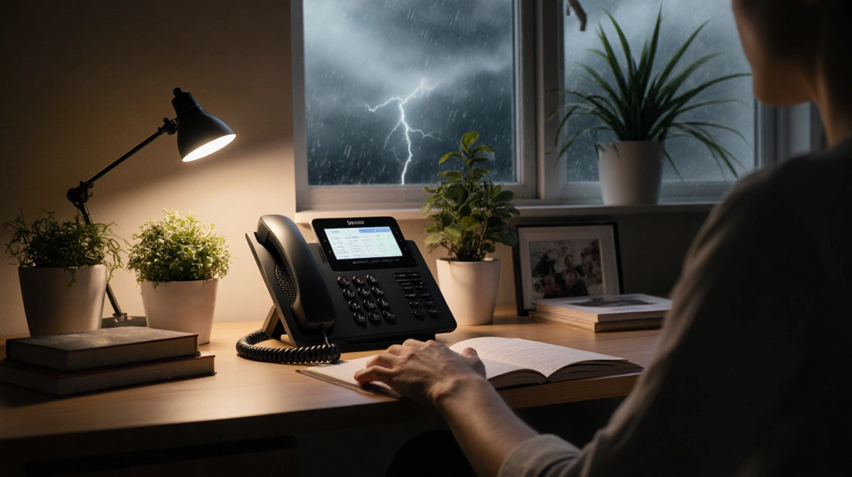 Person sitting at desk with landline phone and eco‑friendly plants near warm lighting stormy windows suggest reliability
