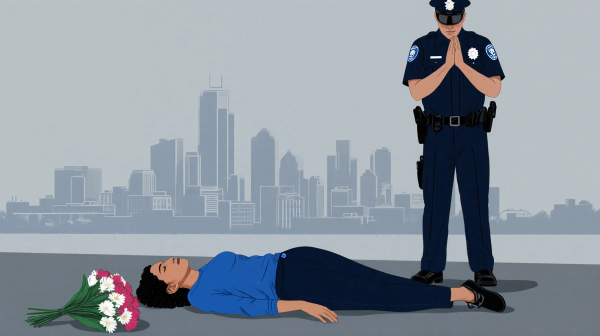 ICE officer standing over Renee Good's body with flowers and Minneapolis skyline