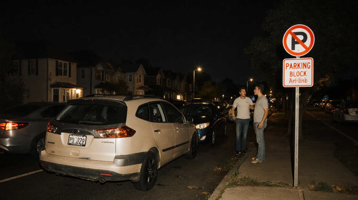 Cars block driveways with a bumper touching a No Parking sign and revelers nearby.