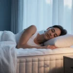 Person sleeping peacefully on mattress with soft morning light filtering through curtains and calming blue white decor