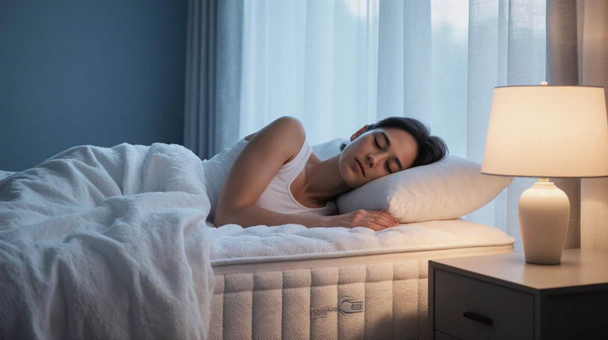 Person sleeping peacefully on mattress with soft morning light filtering through curtains and calming blue white decor