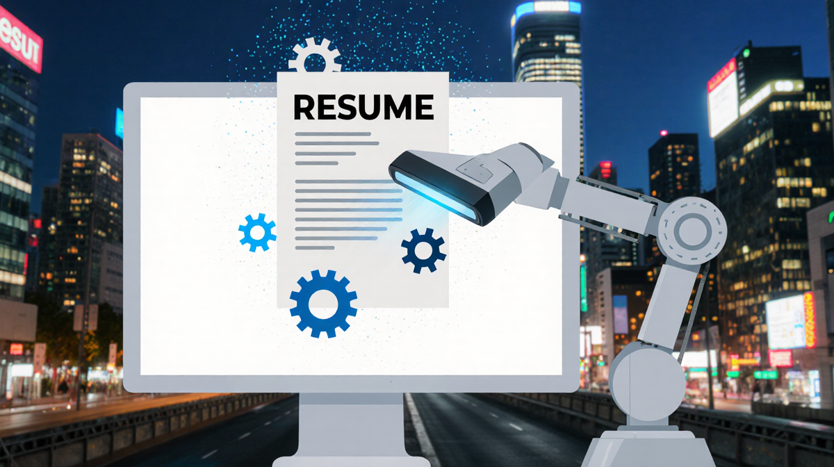 Résumé being scanned by a robotic arm with digital gears in a blurred cityscape background