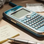 Retro smartphone with QWERTY keyboard rests on cluttered desk with receipts and sticky notes showing texting nostalgia