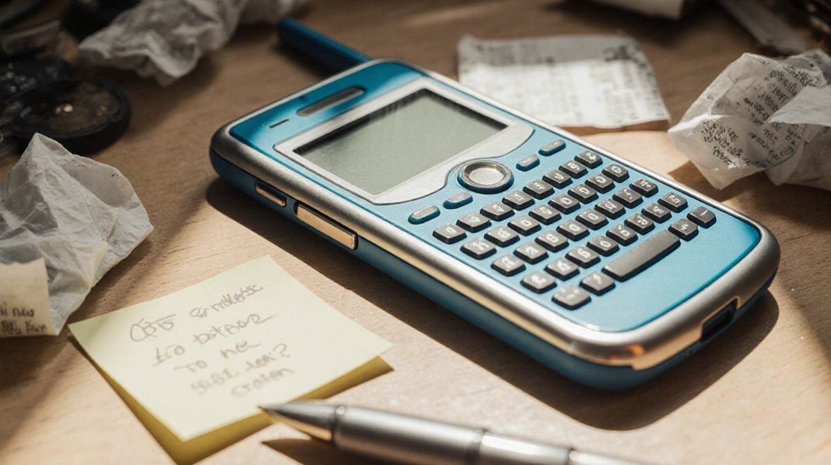 Retro smartphone with QWERTY keyboard rests on cluttered desk with receipts and sticky notes showing texting nostalgia