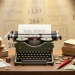 Retro typewriter sits on table with social security checks and 2026 calendar pages showing financial planning changes