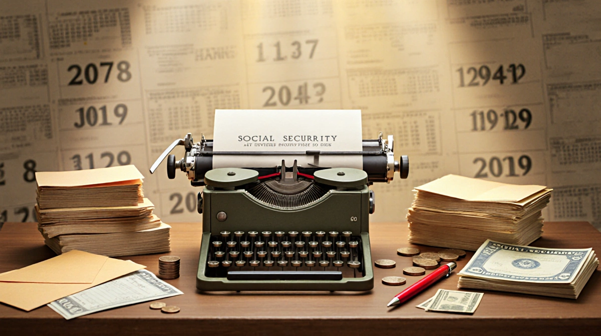 Retro typewriter sits on table with social security checks and 2026 calendar pages showing financial planning changes