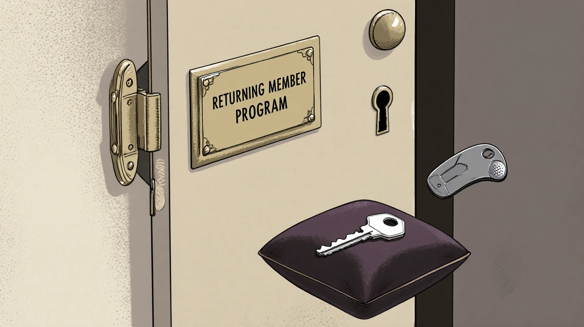 Ornate door with keyhole and Returning Member Program plaque stands with single key on velvet cushion and golf ball marker