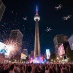 Reunion Tower lights up faces with fireworks and reflections over a New Year