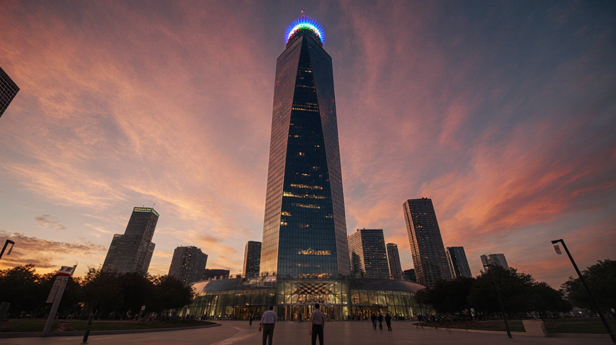 Reunion Tower reflects Dallas skyline at sunset with glowing rooftop lights and visitors gazing upward