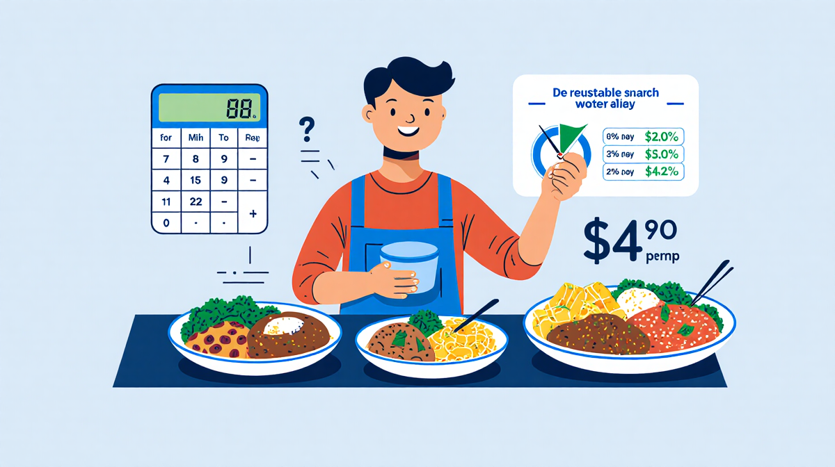 Person holding reusable container smiles with meals on table show $4 per serving discount calculator.