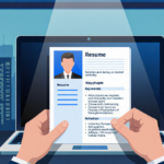 Resume being reviewed on computer screen with spotlight highlighting ATS‑friendly keywords blurry cityscape of job hunting