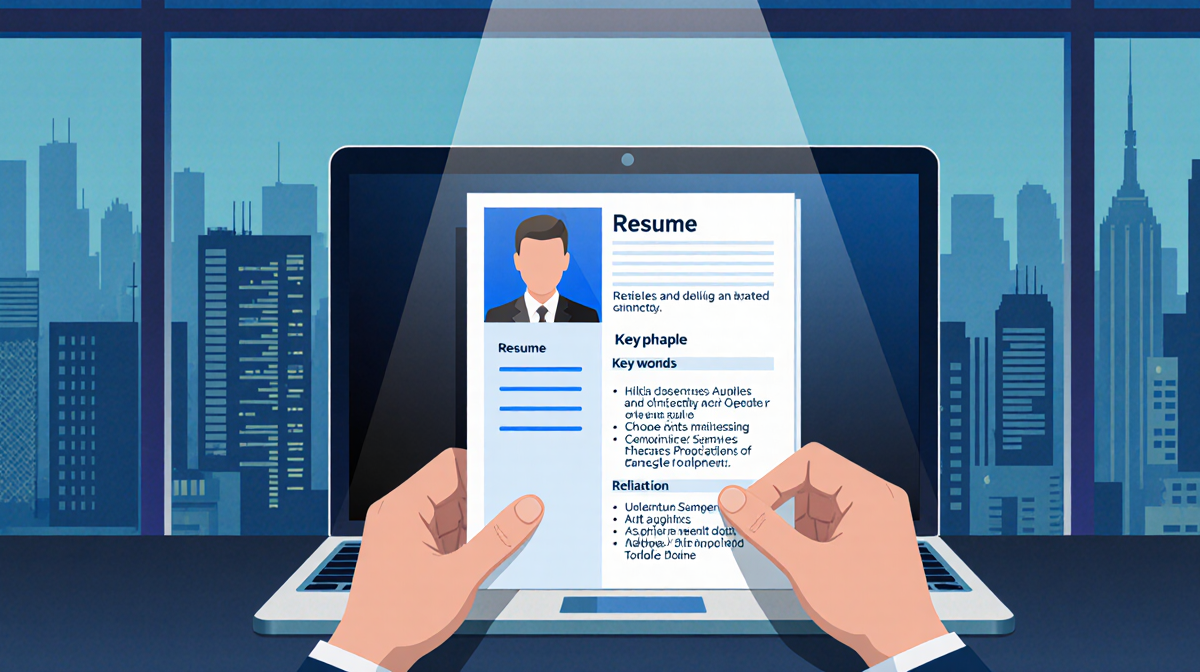 Resume being reviewed on computer screen with spotlight highlighting ATS‑friendly keywords blurry cityscape of job hunting