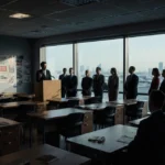 RFK Jr. addresses healthcare officials at podium in dimly lit futuristic office with worn desks and distant city skyline