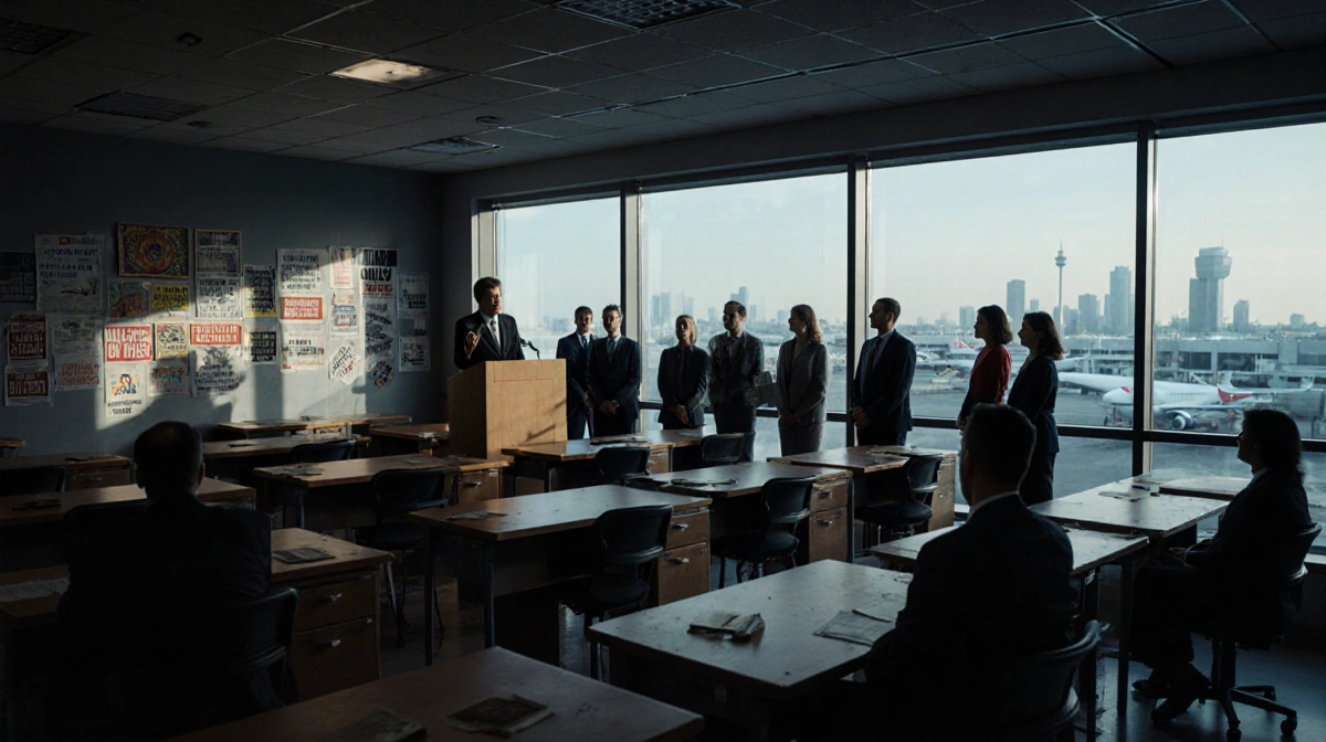 RFK Jr. addresses healthcare officials at podium in dimly lit futuristic office with worn desks and distant city skyline