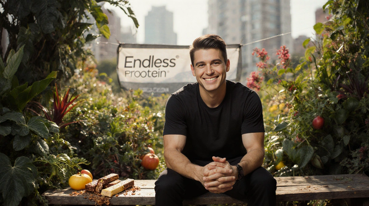 RFK Jr. sits on wooden bench with protein bars and Endless Protein banner behind him