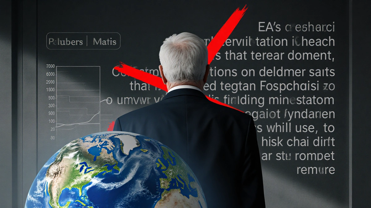 Richard Revesz stands with back to camera facing red X through EPA mission statement with health chart and Earth globe in for