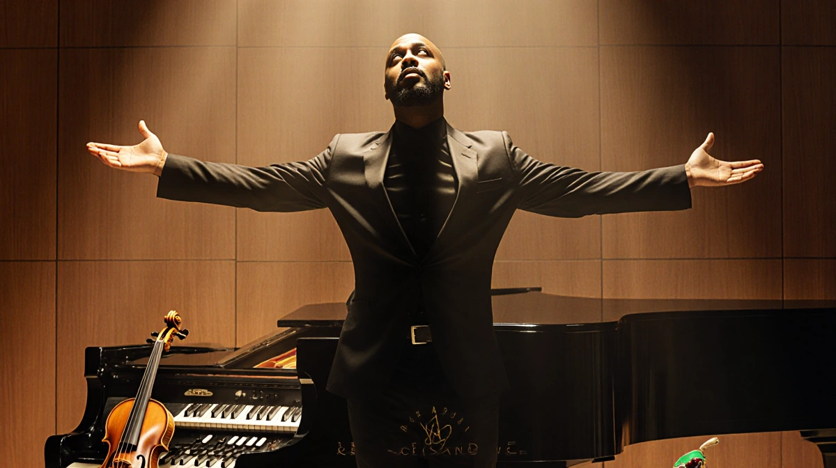 Richard Smallwood stands with arms outstretched beside a grand piano and gospel instruments looking toward a golden ceiling.