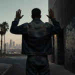 Ride-share driver surrendering with hands raised against graffiti wall with Los Angeles skyline and palm trees behind