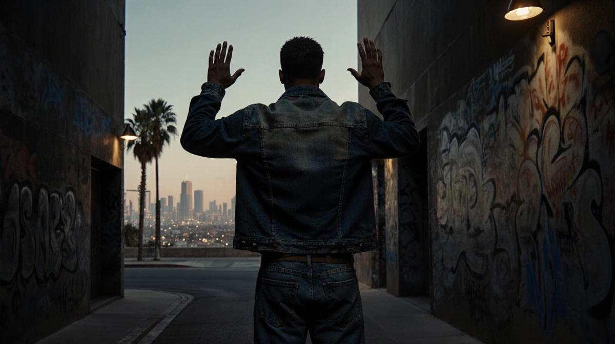 Ride-share driver surrendering with hands raised against graffiti wall with Los Angeles skyline and palm trees behind