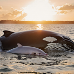 Right whale mother swimming with calf in golden sunset waters near Florida coastline.