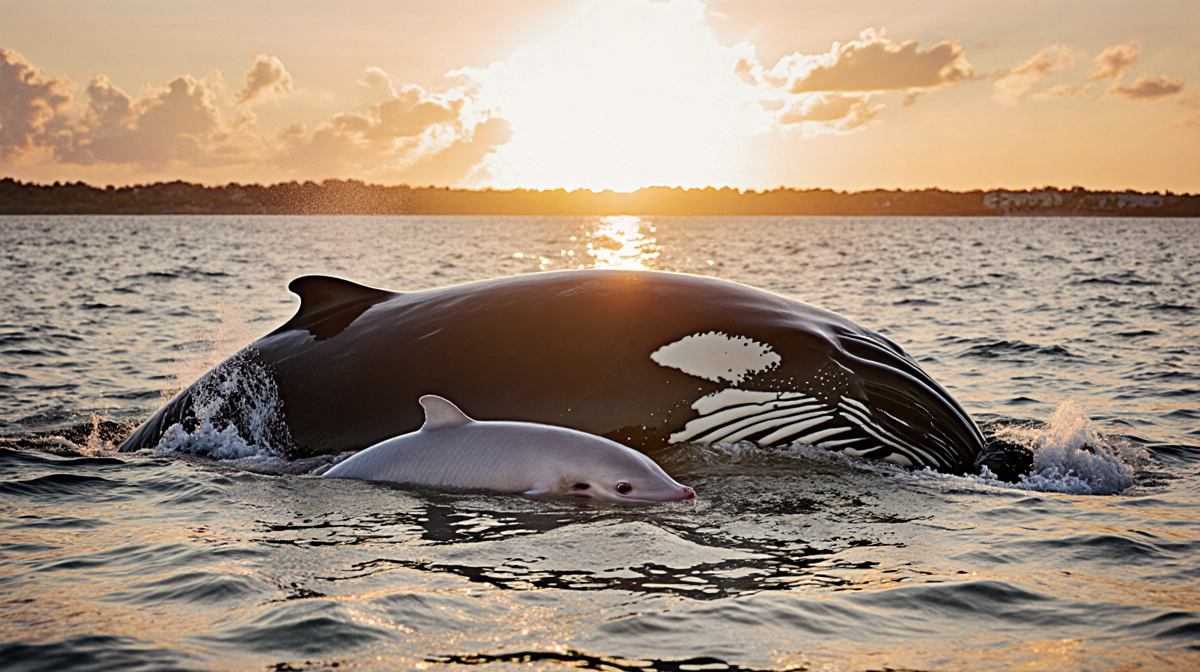 Right whale mother swimming with calf in golden sunset waters near Florida coastline.