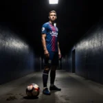 Riqui Puig stands in a dim stadium tunnel with a glowing medical boot and a worn soccer ball with LA Galaxy logo behind him